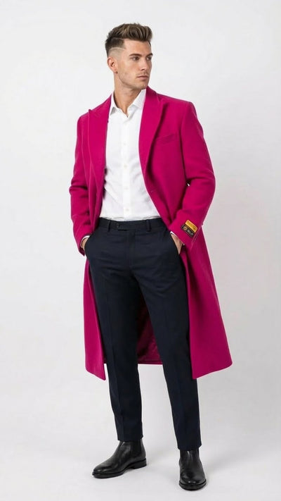 Mens Hot Pink Wool Blend Overcoat Topcoat Carcoat Winter Fabric