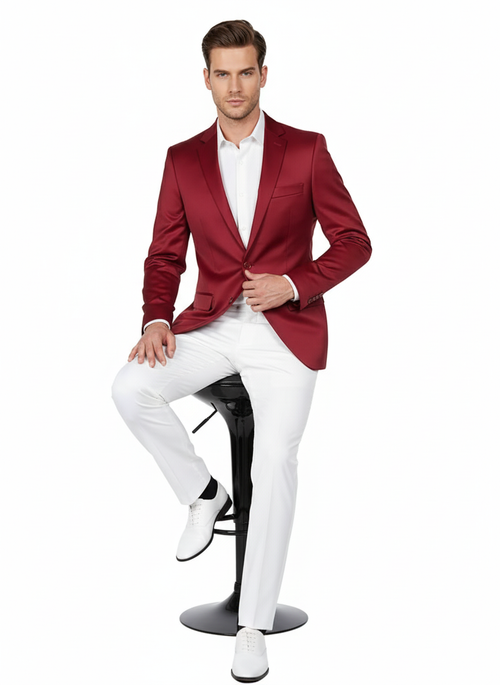 Premium Men's Burgundy Satin Slim Fit Blazer Elegant Party & Wedding Suit Jacket in Maroon Wine Color