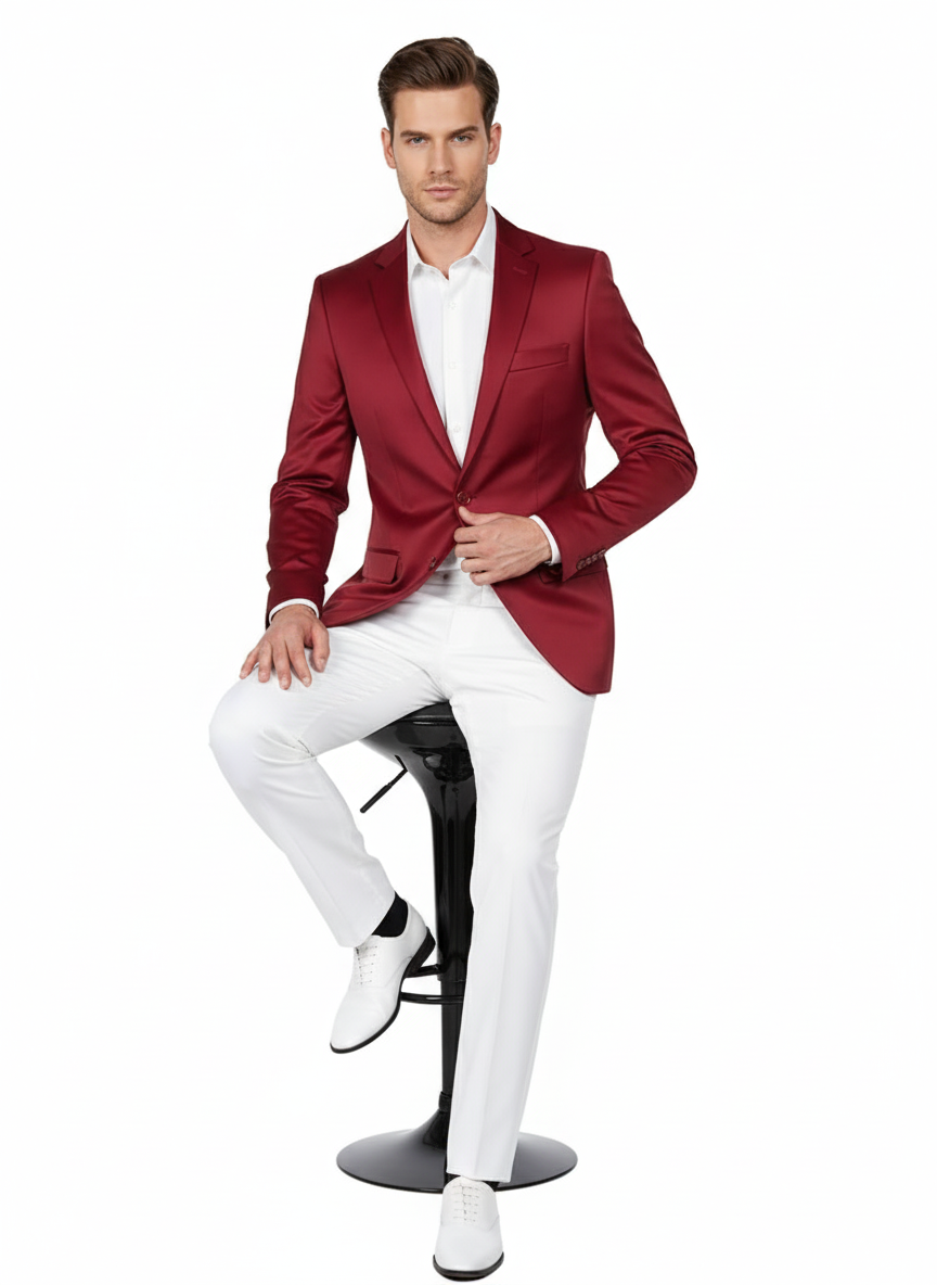 Premium Men's Burgundy Satin Slim Fit Blazer – Elegant Party & Wedding Suit Jacket in Maroon Wine Color - 36 Short