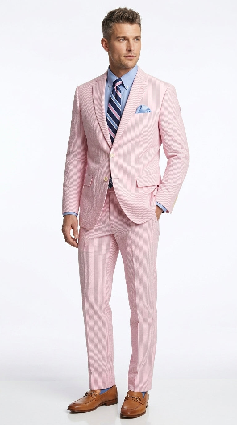 Menās Pink Seersucker 2 Piece Suit, Lightweight Summer Dress Suit for Weddings, Prom, Parties, and Special Occasions