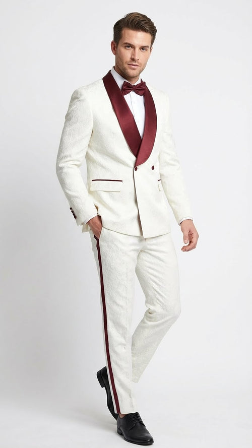 Mens Ivory and Burgundy Jacquard Tuxedo Suit Luxury Slim Fit 3-Piece Formal Wedding, Prom, and Gala Outfit in Cream Off White Color