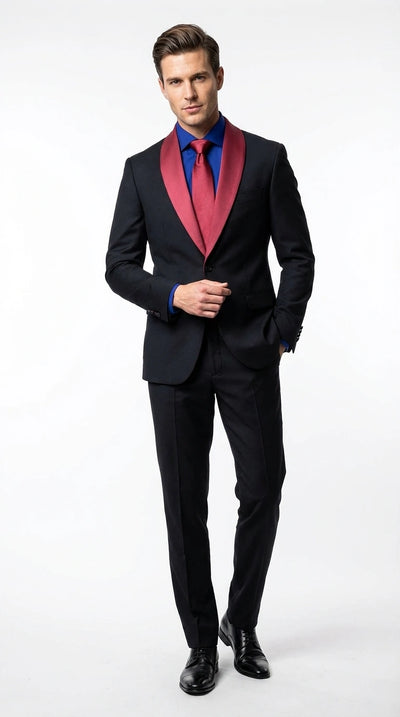 Men’s Black Suit with Burgundy Shawl Lapel – Formal Tuxedo Suit for Wedding, Prom and Evening Events + Bowtie & Tie