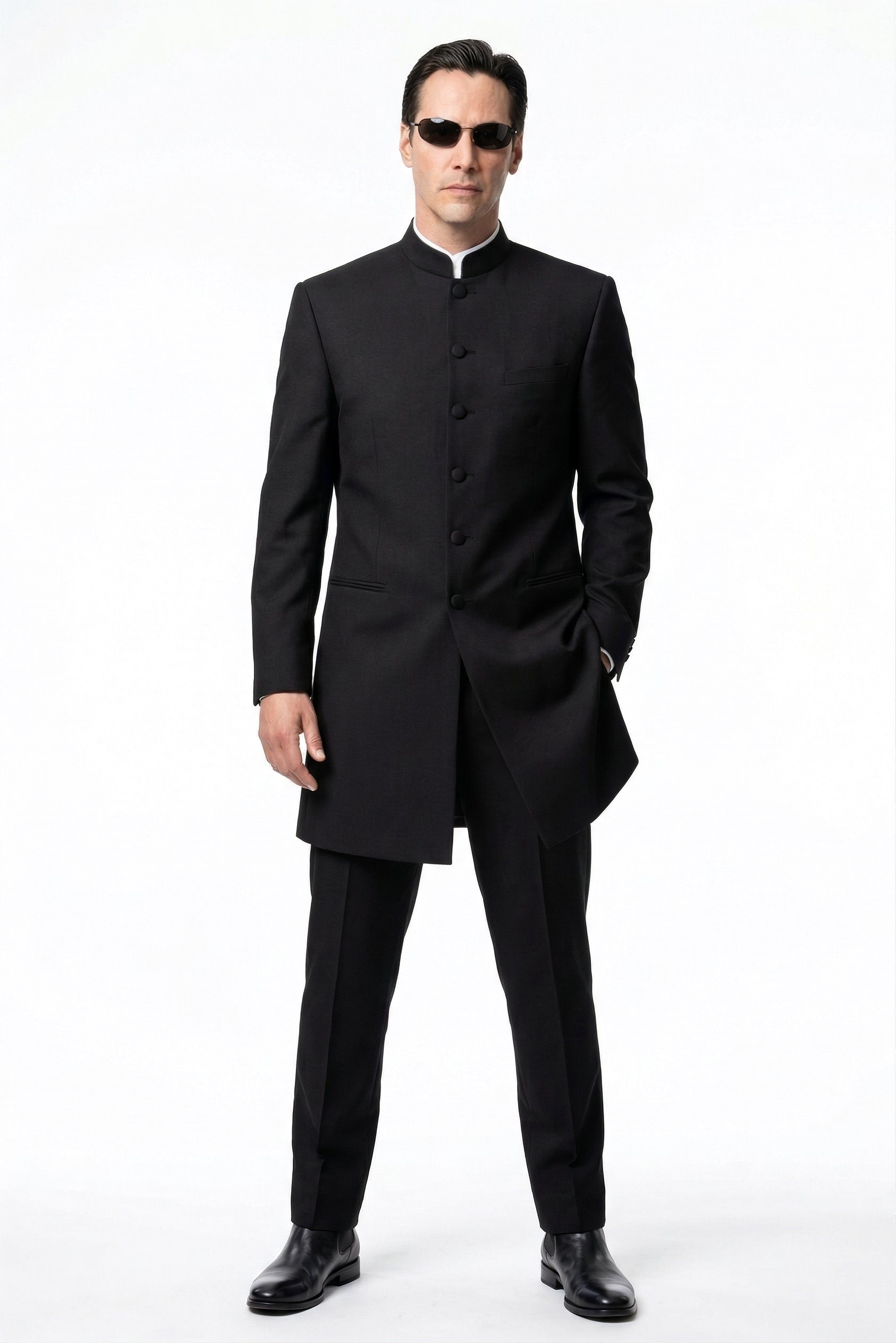Men's Black Coat Matrix Keanu Reeves Inspired Long Classic Mandarin Collar Formal Overcoat, Stylish Winter Trench Coat, Neo Style Jacket Size 38 Men's Black Coat Matrix Keanu Reeves Inspired Long Classic Mandarin Collar Formal Overcoat, Stylish Winter Trench Coat, Neo Style Jacket Size 38