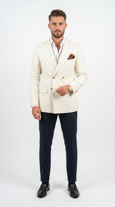 Men’s Ivory Linen Double Breasted Blazer, Lightweight Wedding Dinner Sport Coat Jacket Cream Off White