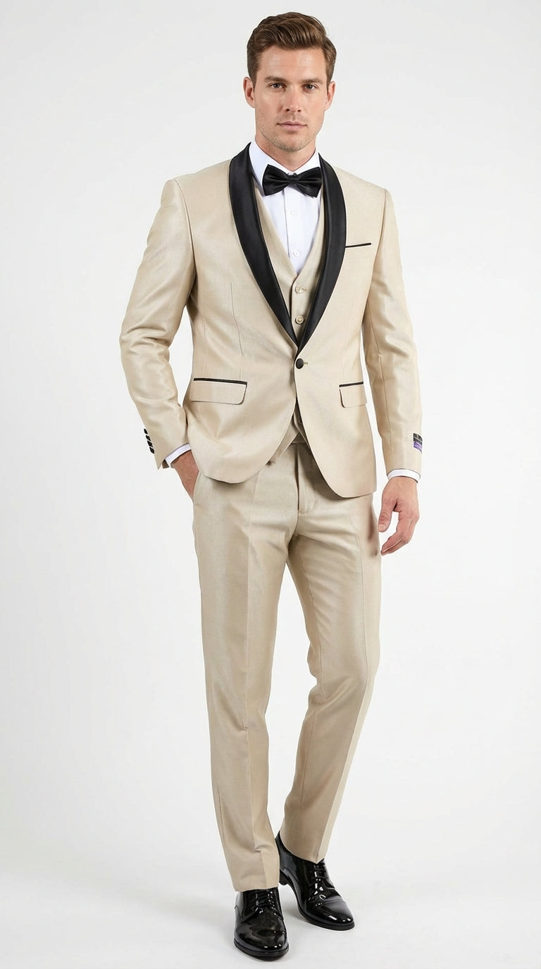 Mens Champagne Beige Shiny Tuxedo 3 Piece Suit with Black Shawl Lapel | Formal Wedding Prom Suit Set in Sand Light Tan Color