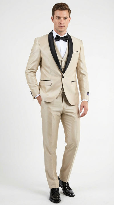 Mens Champagne Beige Shiny Tuxedo 3 Piece Suit with Black Shawl Lapel | Formal Wedding Prom Suit Set in Sand Light Tan Color