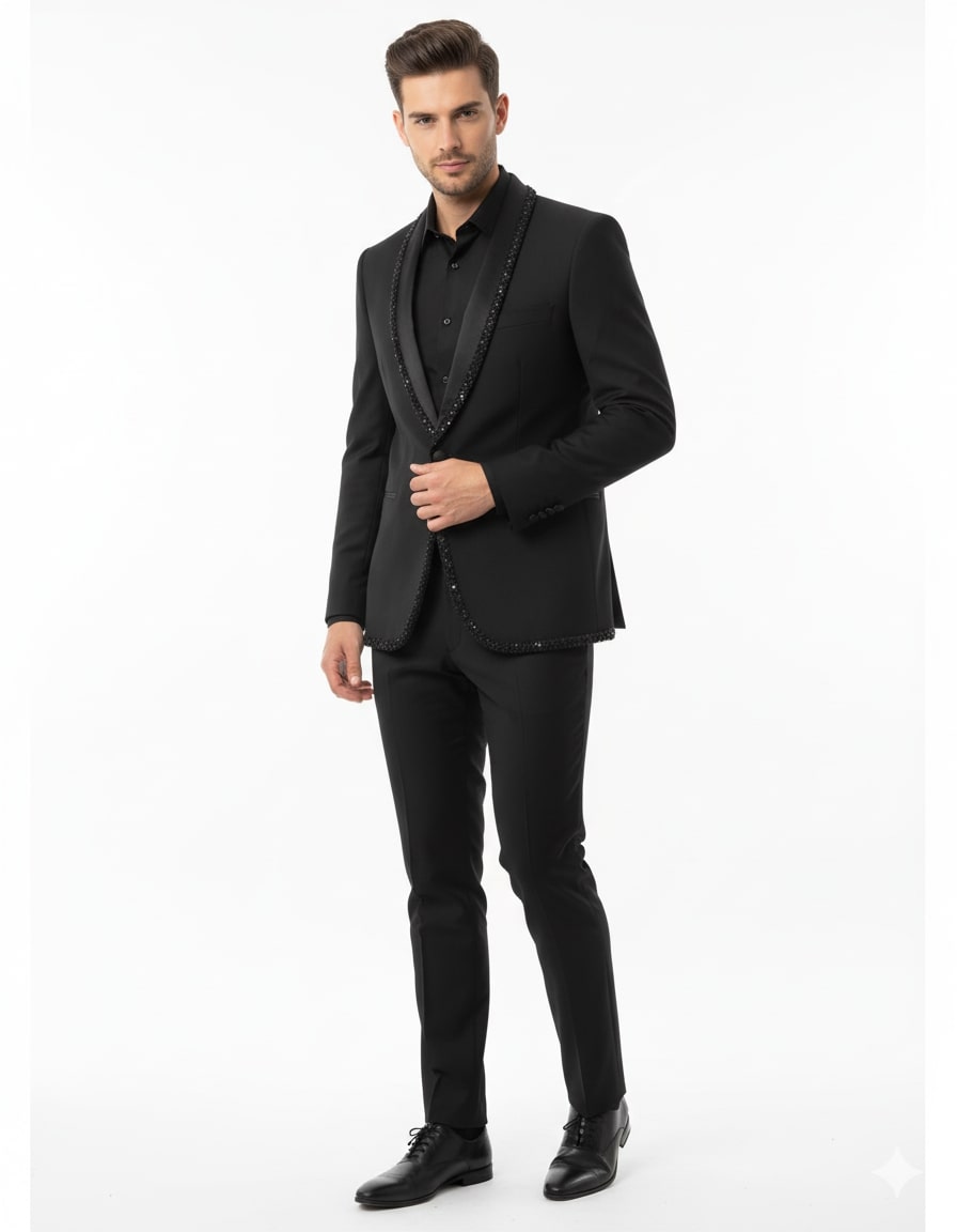 Mens Classic Black Designer Tuxedo Suit with Beaded Lapel – Elegant Formal and Party Wear Jacket and Pants - S