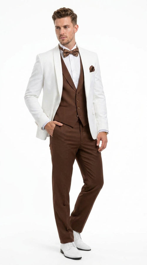 Men’s Ivory and Brown 3 Piece Suit – Elegant White Blazer with Brown Vest and Trousers for Wedding, Prom and Formal Events in off White Cream + Bowtie