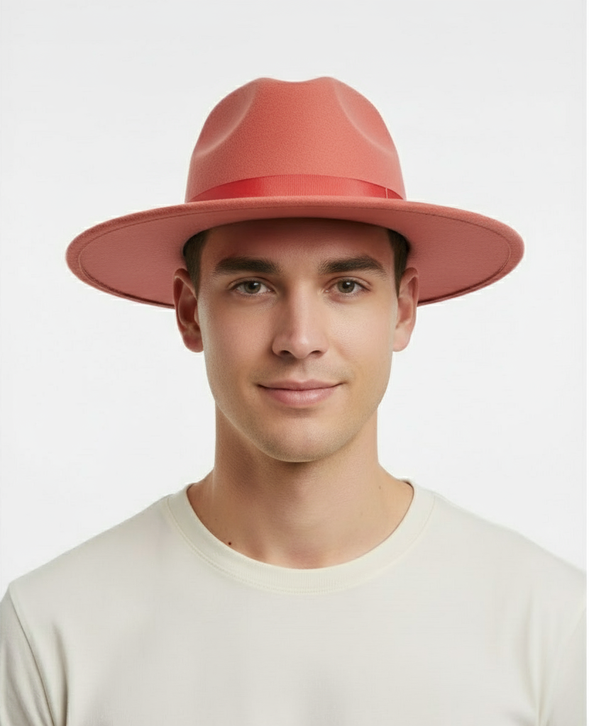 MenĆ¢ā¬ā¢s Coral Pink Wide Brim Fedora Hat Ć¢ā¬ā Wool Felt Dress Hat with Red Ribbon Band