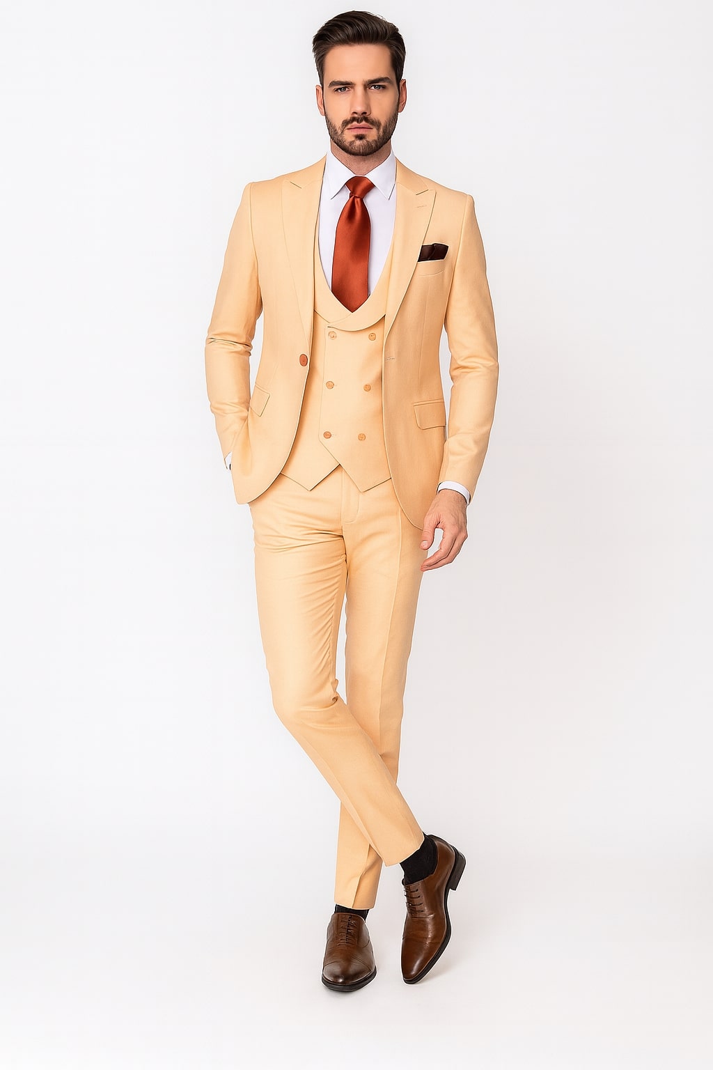 Mens Peach 3-Piece Suit – Double-Breasted Vest, Notch Lapel Blazer, Slim Fit Dress Pants - 34 Short or Extra Small