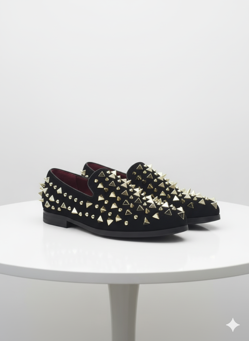 Men’s Studded Velvet Loafers – Designer Party and Prom Dress Shoes with Gold and Silver Spikes