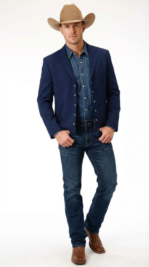 Mens Navy Blue Western Blazer Set Cowboy Style Jacket and Pants Outfit Classic Country Western Ensemble