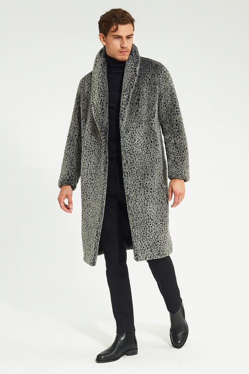 Mens Luxury Long Grey Faux Fur Coat -Winter Overcoat with Animal Print Design