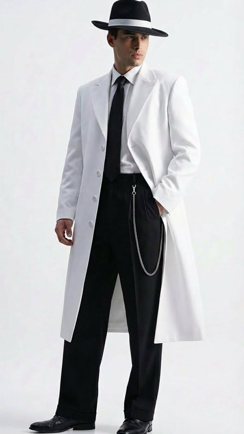 Mens White Long Zoot Style Suit | Vintage Gangster Mafia Formal Coat with Black Pants