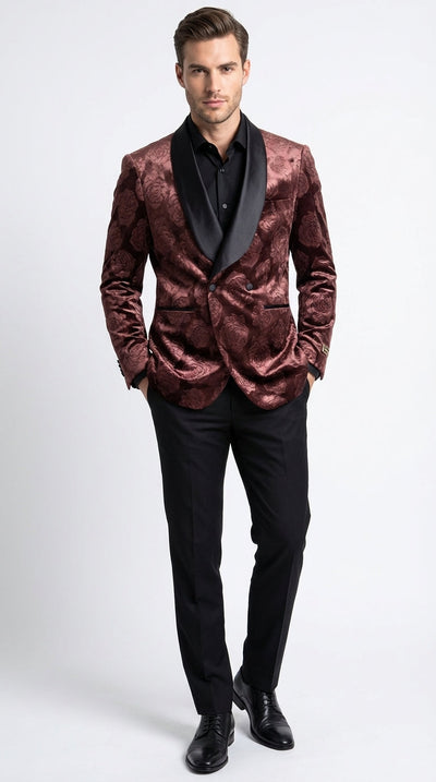 Mens Rust Copper Brick color Floral Jacquard Pasiley Blazer – Pattern Dinner Jacket with Black Shawl Lapel for Formal dinners and Wedding-Light Brown Color