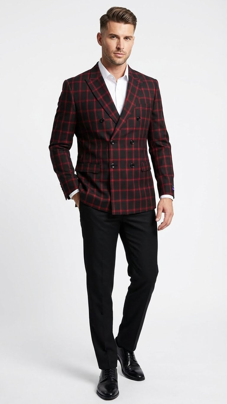 Mens Black and Red Check Double Breasted Blazer Sport Coat Jacket Windowpane Sportcoat Slim Fit