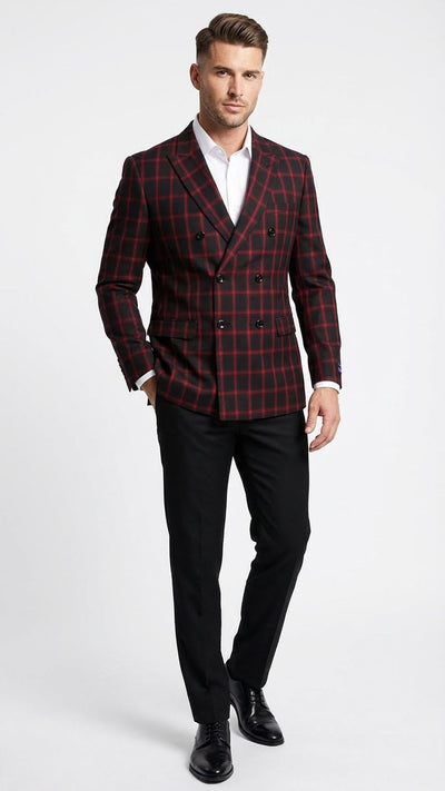 Mens Black and Red Check Double Breasted Blazer Sport Coat Jacket Windowpane Sportcoat Slim Fit