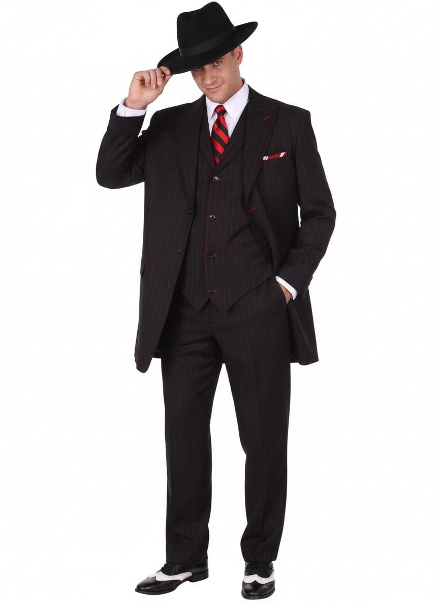 Mens Black and Red Pinstripe Zoot Suit – 1920s Gangster Vintage 3-Piece Suit for Formal, Prom, and Themed Events - 34 Short or Extra Small