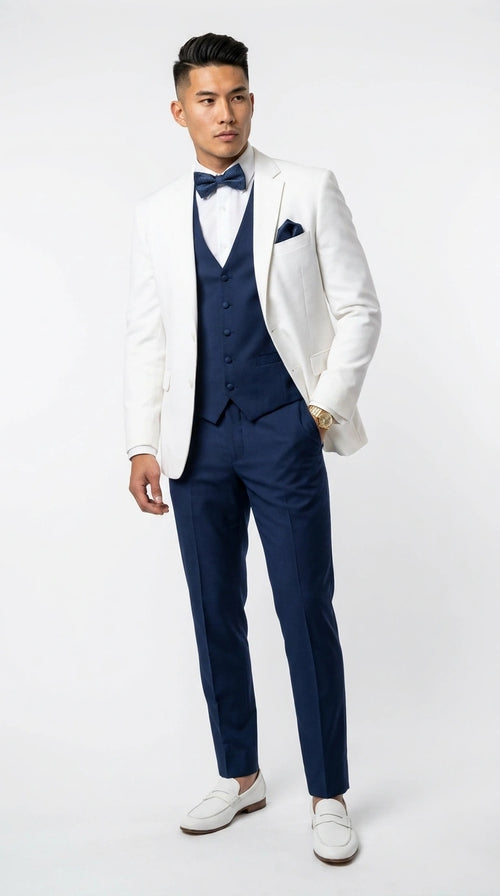 Men’s White and Navy blue tuxedo 3 Piece Suit – Classic White Blazer with Navy Vest and Pants for Wedding, Party + Bowtie