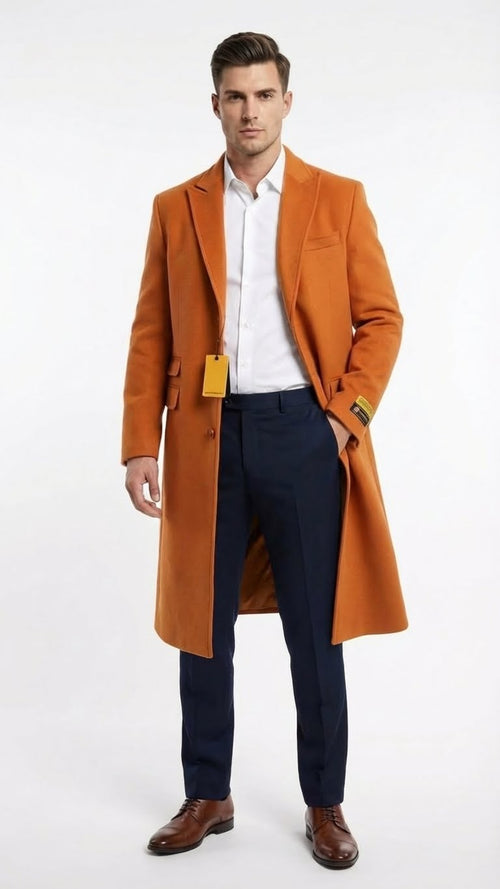 Mens Orange - Rust Wool Blend Long Overcoat Topcoat Carcoat Topcoat