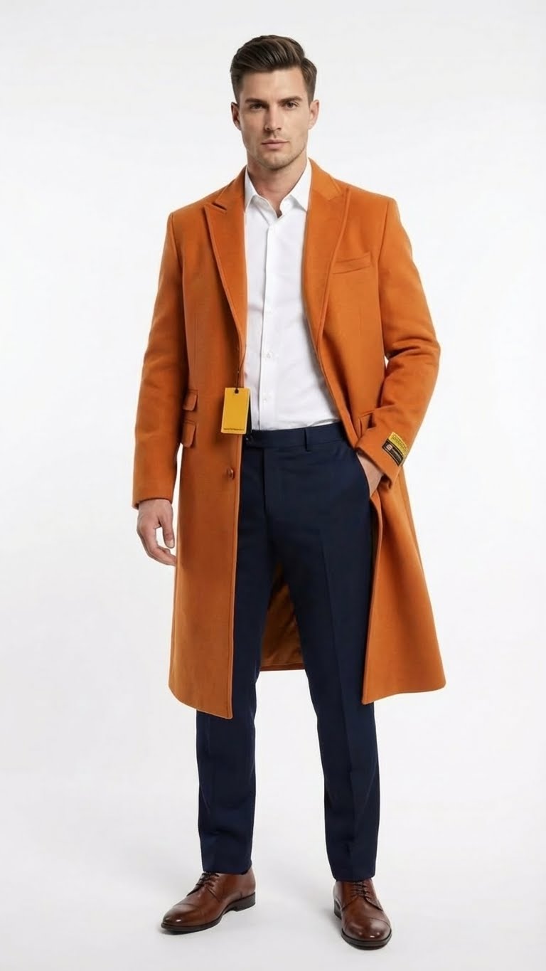 Mens Orange - Rust Wool Blend Long Overcoat Topcoat Carcoat Topcoat