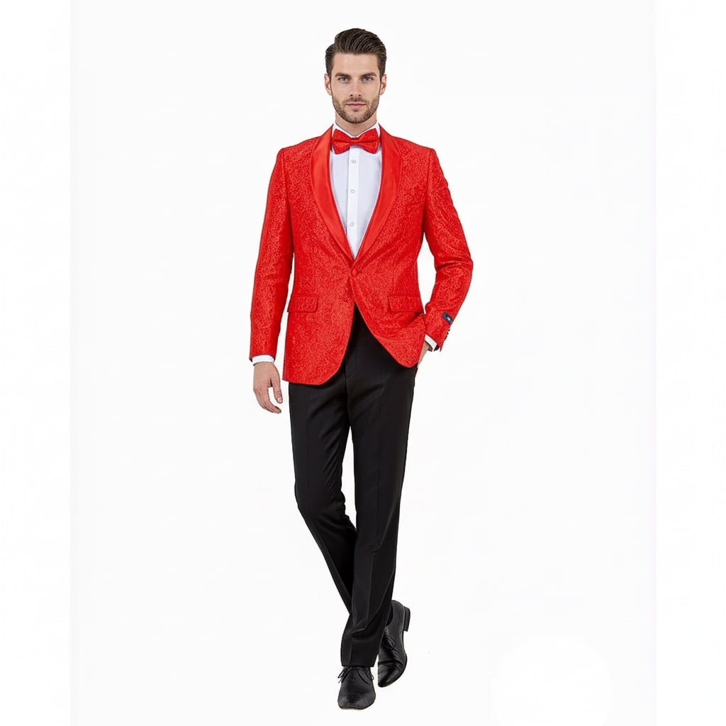 Big and Tall Mens Red Paisley Tuxedo Jacket – Satin Shawl Lapel Blazer with Bow Tie - Christmas Jacket - 36 Short