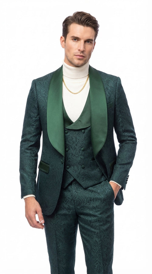 Mens Hunter Green Wedding Tuxedo Suit β Paisley Pattern Three Piece Formal Suit Set with Shawl Lapel for Groom, Prom in Emerald green