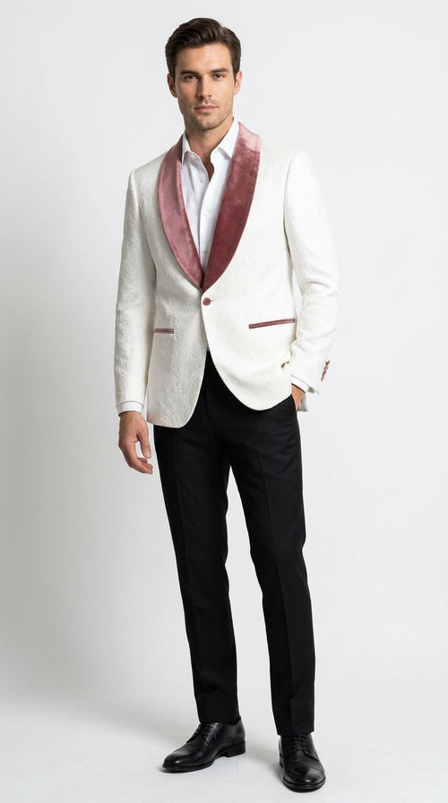 Men’s Ivory and Rose gold Floral Blazer – Elegant Shawl Lapel Formal Blazer Jacket for Wedding, Party, Prom