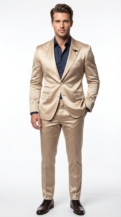Mens Shiny Champagne Gold Two Piece Suit Luxury Formal Satin Finish Suit for Wedding, Party and Evening Wear