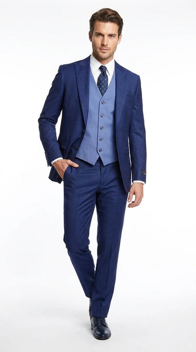 Vitali Men’s Navy Blue 3 Piece Suit with Light Blue Vest, Textured Formal Dress Suit for Weddings, Prom, Business Events, and Parties