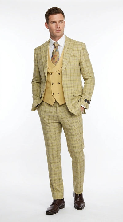 Vitali Men’s Sage Beige Tan Plaid 3 Piece Suit, Check Pattern Formal Dress Suit for Weddings, Prom, Business Events, Modern Fit Light Yellow Color