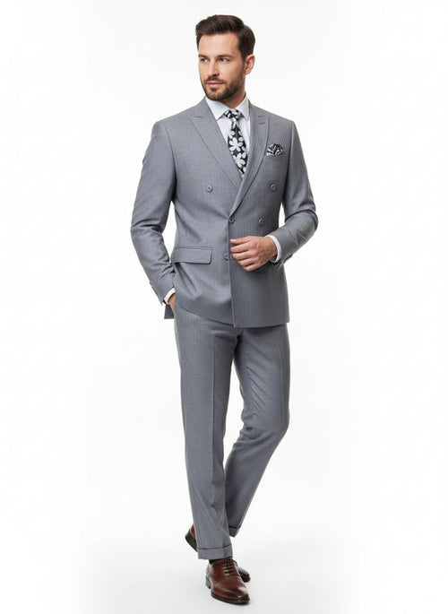 Mens Grey Tone on Tone Double-Breasted Suit Classic Slim Fit 2 Piece Formal Business Gray Shadow Stripe