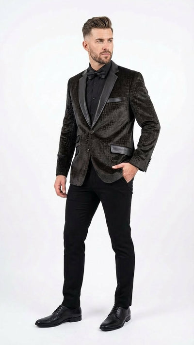 Mens Crocodile Alligator Exotic skin Texture Blazer Slim Fit Designer Jacket with Satin Lapels for Formal and Party Wear in Black Color