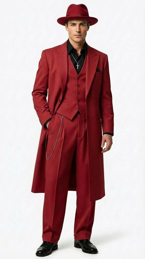 Mens 1920s Burgundy Zoot Suit Long Mafia Gangster Three-Piece Vintage Outfit Zuit Pachuco Style