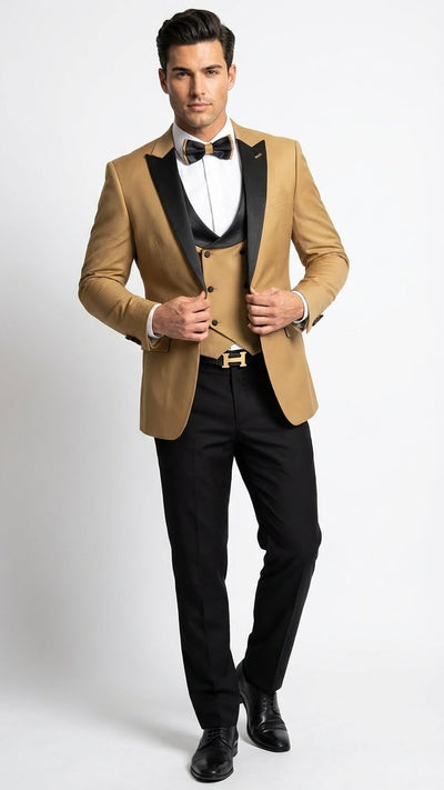 Men's Dark Camel Tan Khaki and Black Great Gatsby Tuxedo Suit Vintage 1920s Formal Wedding, Party and Event Wear