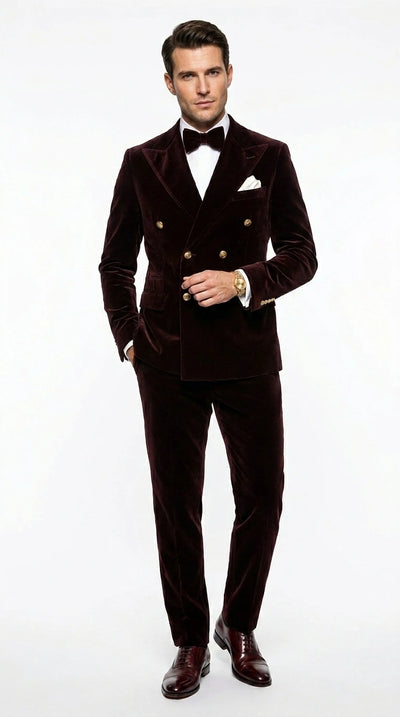 Men’s Dark Brown Velvet Blazer and Pants 2 Piece Suit, Double Breasted Formal Dinner Suit for Weddings, Prom