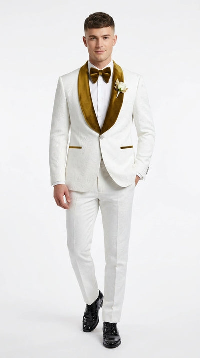 Men’s White Paisley 3 Piece With Vest Prom Tuxedo with Gold Velvet Shawl Lapel, Formal Wedding Suit Set