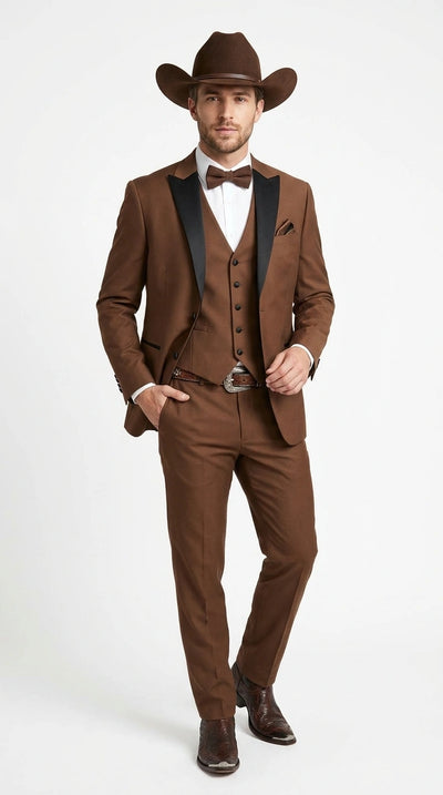 Men’s Light Brown Western Tuxedo 3 Piece Suit with Black Collar Lapel, Country Look Cowboy Suit