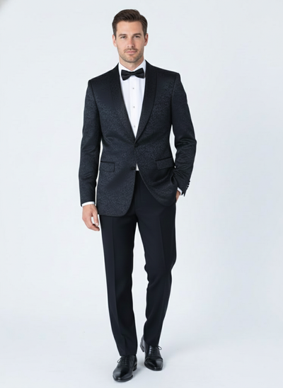 Mens Black Textured Paisley floral Tuxedo Suit Premium Slim Fit Formal Wedding, Prom, with Bowtie