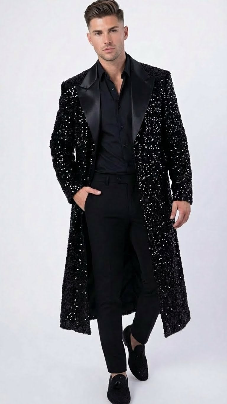 Mens Black Sequin Long Coat with Satin Shawl Lapel Luxury Statement Evening Overcoat