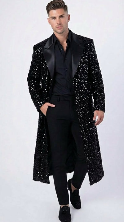 Mens Black Sequin Long Coat with Satin Shawl Lapel Luxury Statement Evening Overcoat