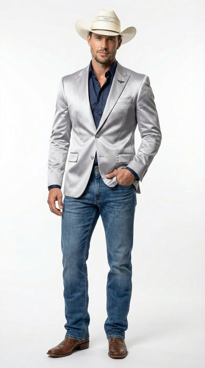 Mens Shiny Silver Cowboy Blazer Western Style Satin Finish Blazer for Party, Country Events and Evening Wear