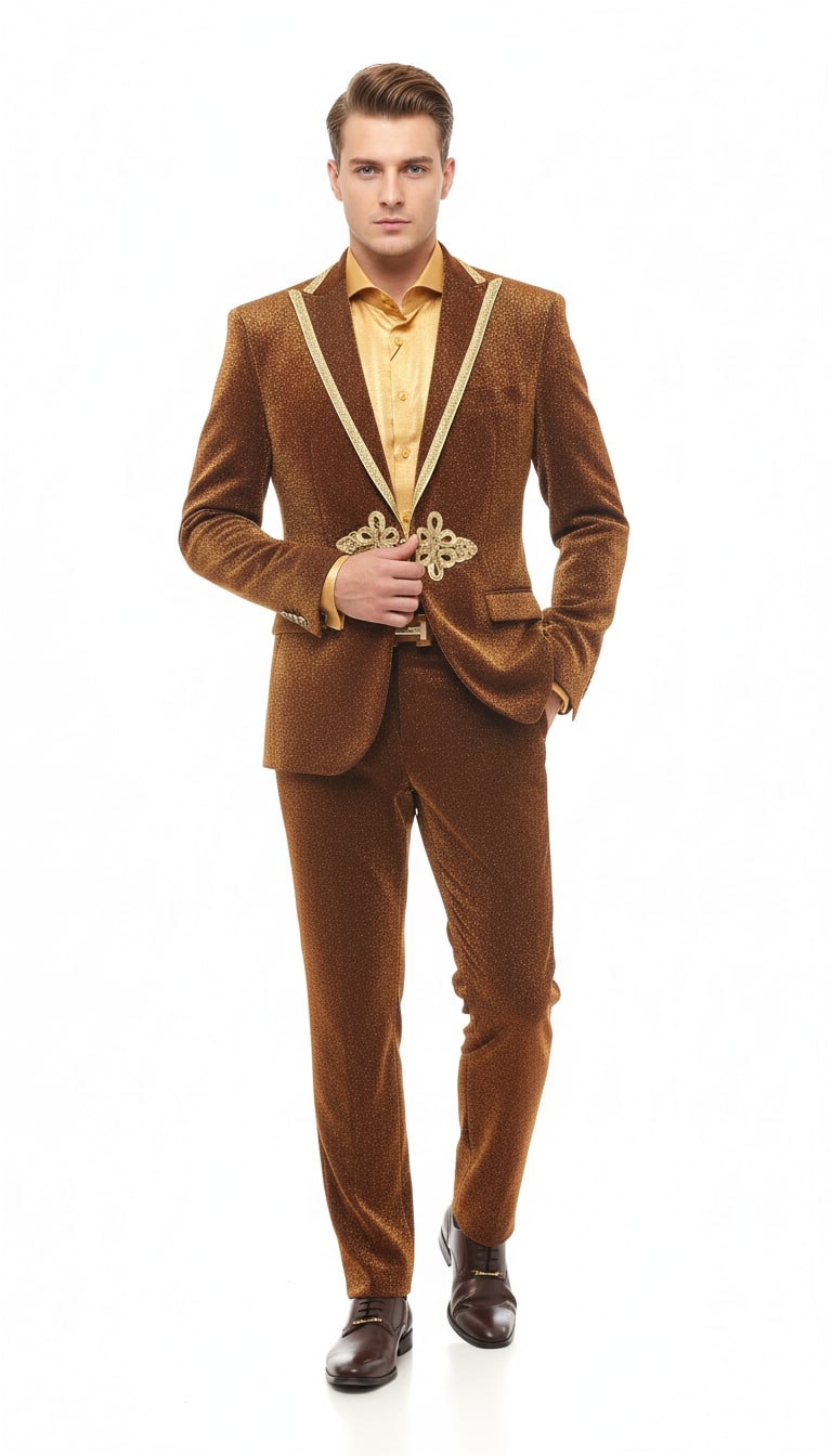 Mens Bronze Shiny Velvet Suit – Designer Party and Wedding Wear Blazer and Pant Set Brown and Gold Tuxedo - S