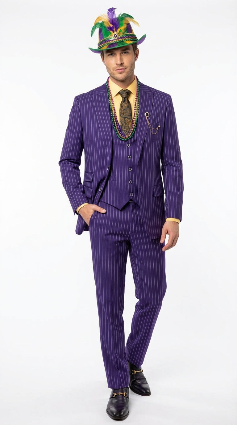 Mens Purple Pinstripe Mardi Gras Suit | Three Piece Carnival Formal Suit with Vest