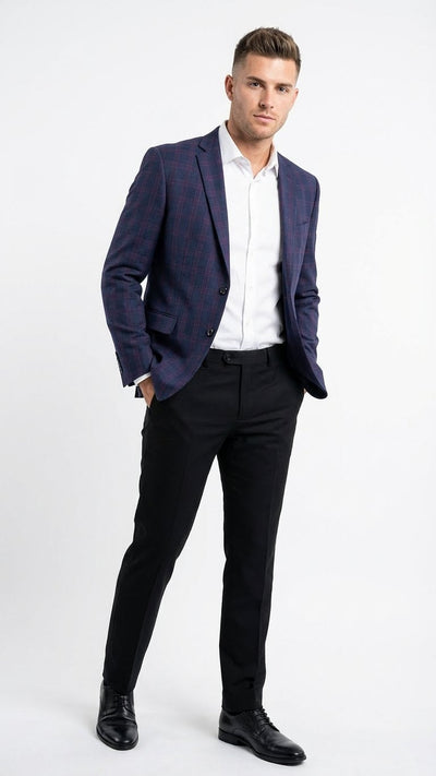 Mens Big and Tall Navy Blue with Burgundy Plaid Jacket and Sport Coat Wool Blazer