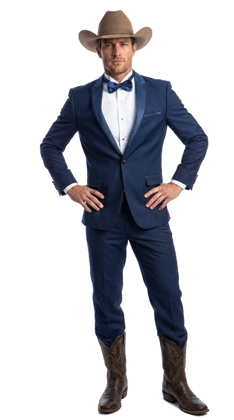 Menās Saphire Indigo Blue Western Tuxedo Suit, Formal Wedding Prom Cowboy Tuxedo with Blue