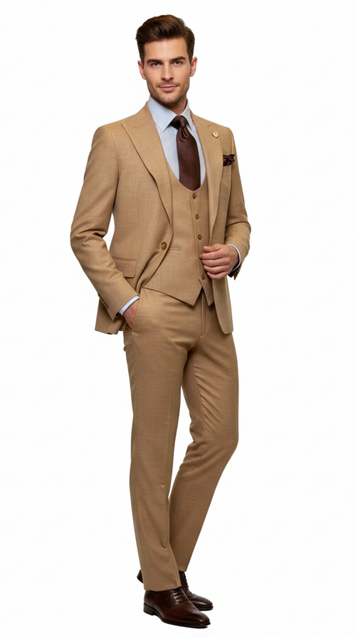 Men's Tan Three-Piece Suit with Vest Classic Tailored Fit in camel khaki Bronze color By Rossiman