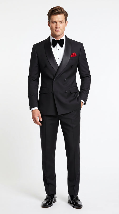 Men’s Black Double Breasted Evening Wear Suit with Satin Shawl Lapel and Red Pocket Square
