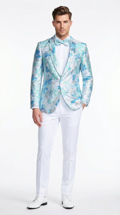 Mens Light Blue Floral Jacquard Tuxedo Jacket with Matching Bow Tie | Formal Prom Wedding Blazer + Bowtie Turqoise Aqua Color
