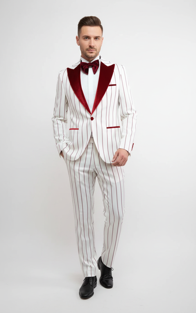 Mens White and Dark Red Pinstripe Tuxedo with Velvet Shawl Lapel Formal Dinner Blazer Prom Christmas New Year Holiday Suit